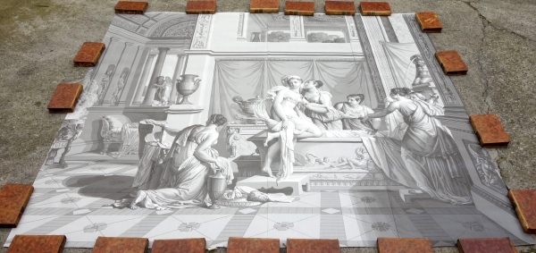 Large Empire style wall paper picturing Psyche's bath - mythological scene