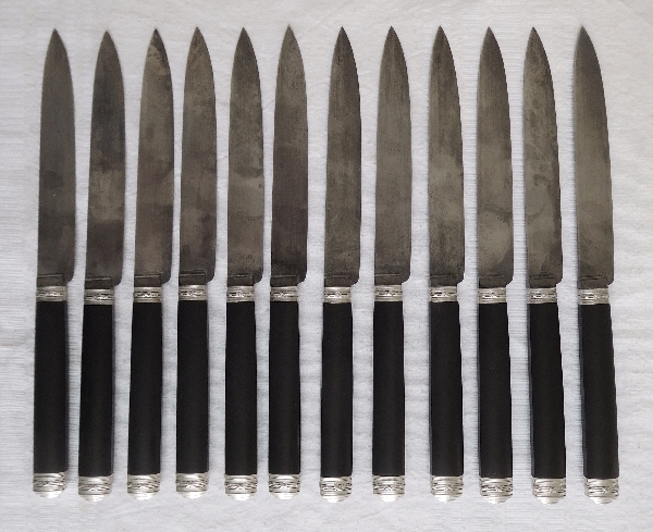 12 antique French table knives, silver and ebony, Cardeilhac, Louis XVI style