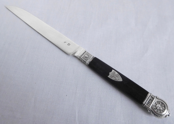 12 Empire style ebony and sterling silver fruit knives, silversmith Queille