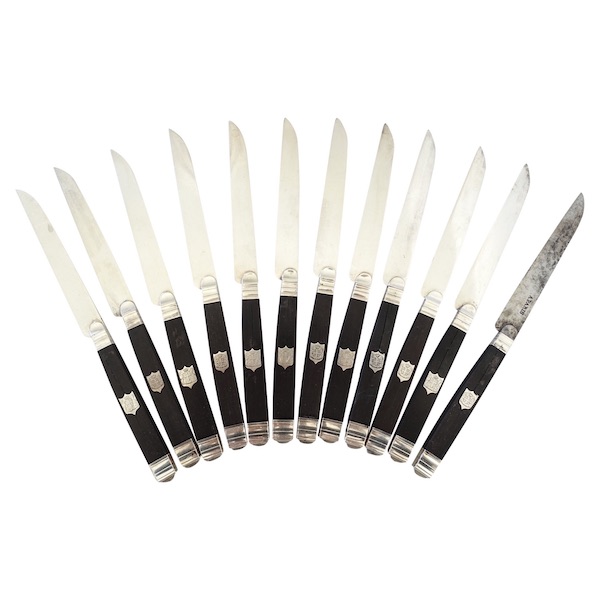 12 sterling silver and ebony fruit knives, Duke of Castries coat of arms