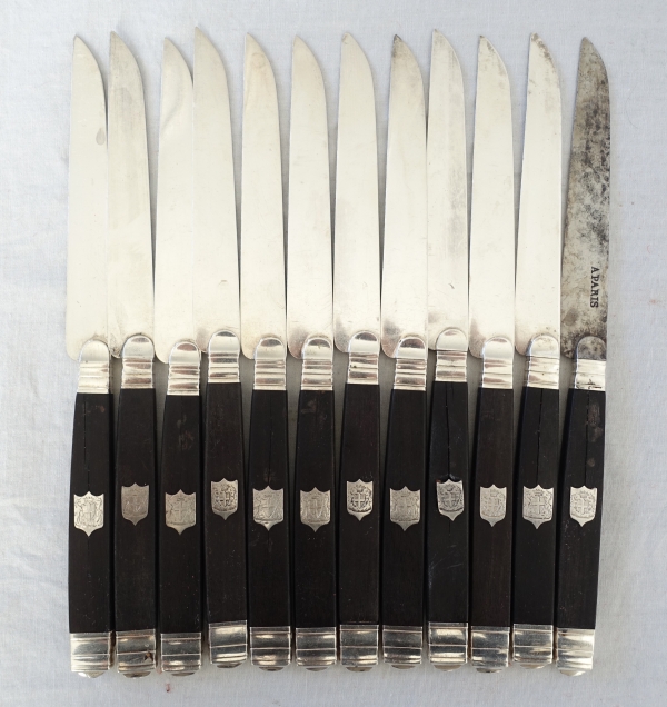 12 sterling silver and ebony fruit knives, Duke of Castries coat of arms