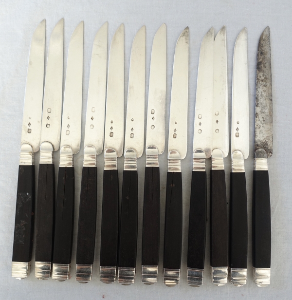 12 sterling silver and ebony fruit knives, Duke of Castries coat of arms