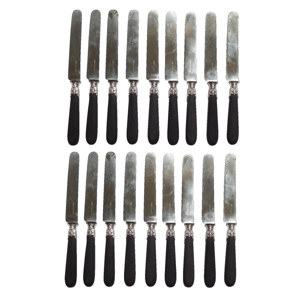 Cardeilhac : antique French sterling silver and ebony knives, set for 18