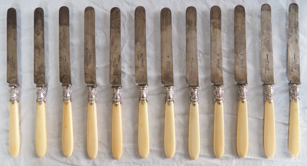 24 Louis XVI knives, ivory handle, sterling silver collar