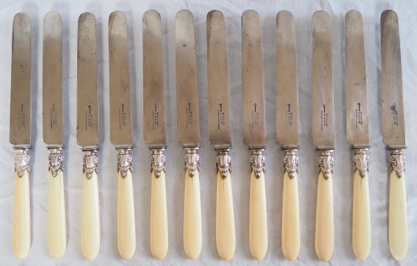 24 Louis XVI knives, ivory handle, sterling silver collar