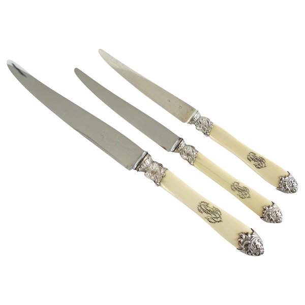 Set of 3 x 12 Louis XV style ivory and sterling silver knives