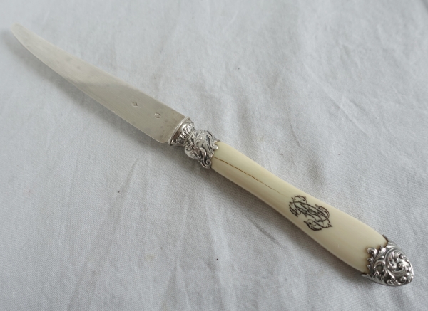 Set of 3 x 12 Louis XV style ivory and sterling silver knives