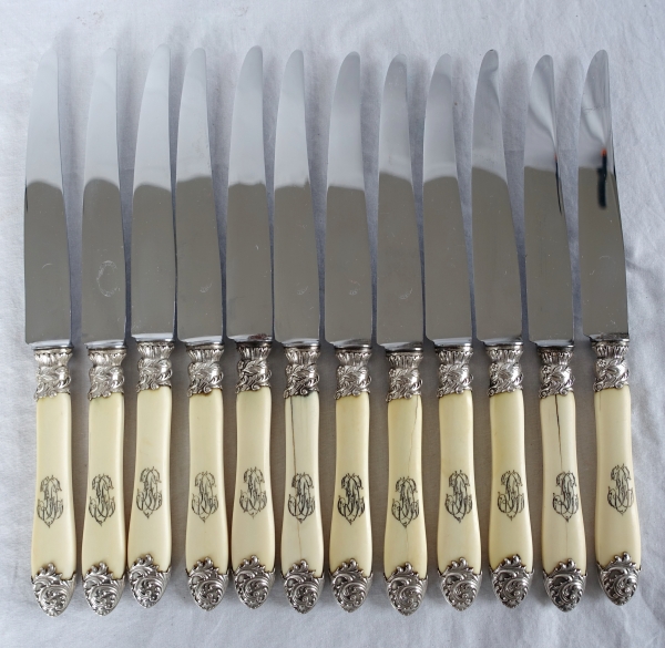 Set of 3 x 12 Louis XV style ivory and sterling silver knives