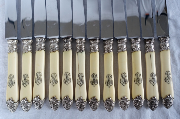 Set of 3 x 12 Louis XV style ivory and sterling silver knives