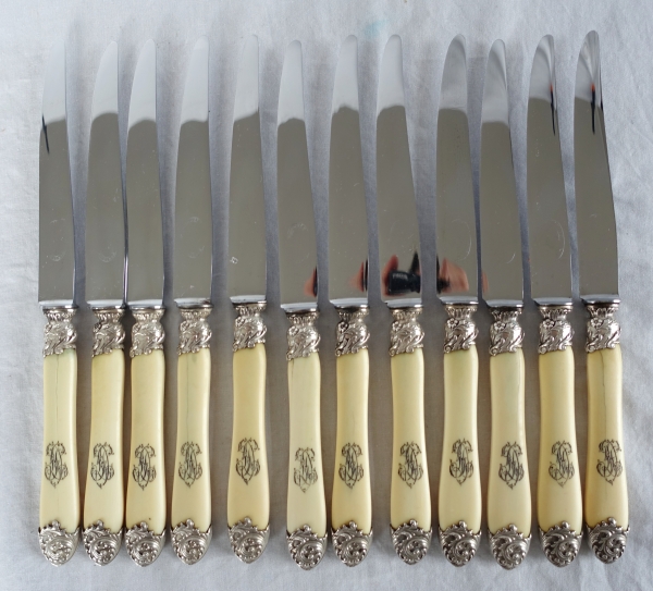 Set of 3 x 12 Louis XV style ivory and sterling silver knives