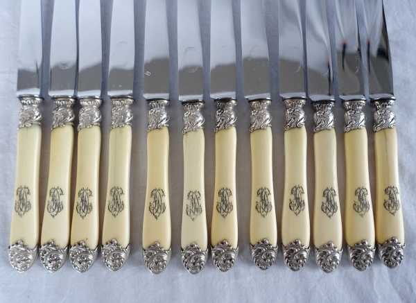 Set of 3 x 12 Louis XV style ivory and sterling silver knives