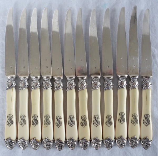 Set of 3 x 12 Louis XV style ivory and sterling silver knives