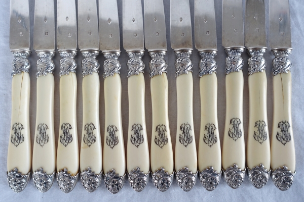 Set of 3 x 12 Louis XV style ivory and sterling silver knives