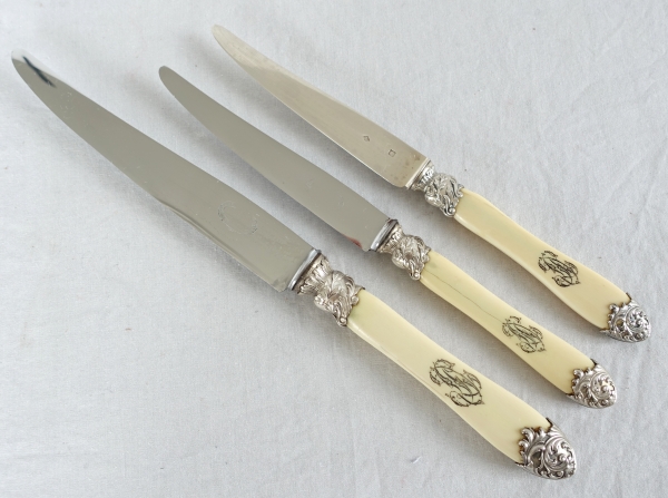 Set of 3 x 12 Louis XV style ivory and sterling silver knives