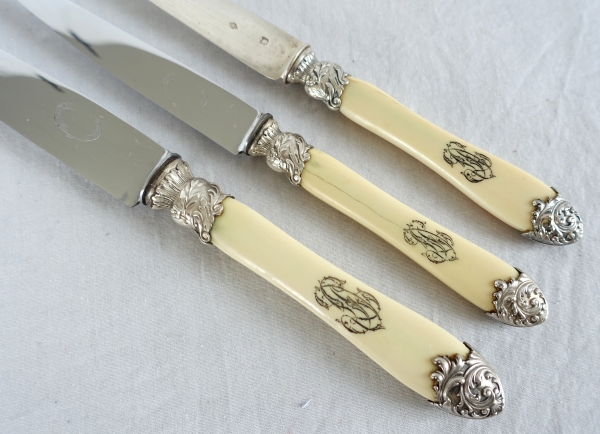 Set of 3 x 12 Louis XV style ivory and sterling silver knives