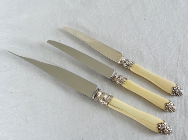 Set of 3 x 12 Louis XV style ivory and sterling silver knives