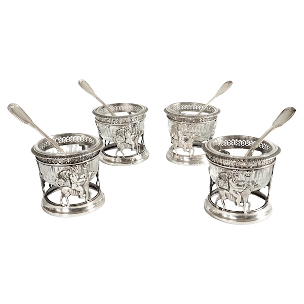 Set of 4 sterling silver Empire salt cellars, cut crystal glasses, early 19th century production