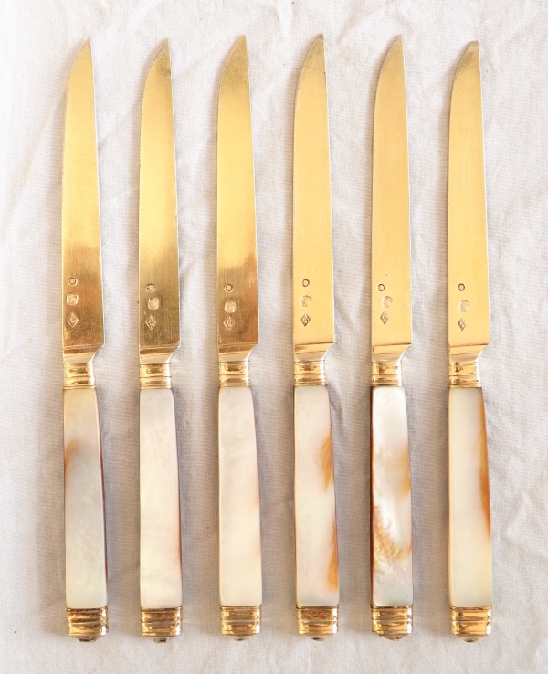 6 Empire vermeil and mother of pearl fruit knives (sterling silver) - early 19th century circa 1800