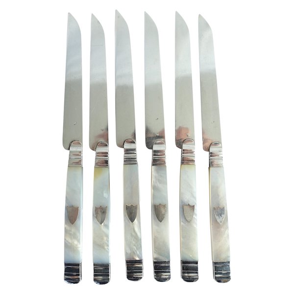 6 Empire fruit knives, mother of pearl handle, sterling silver blade