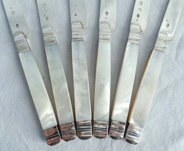 6 Empire fruit knives, mother of pearl handle, sterling silver blade