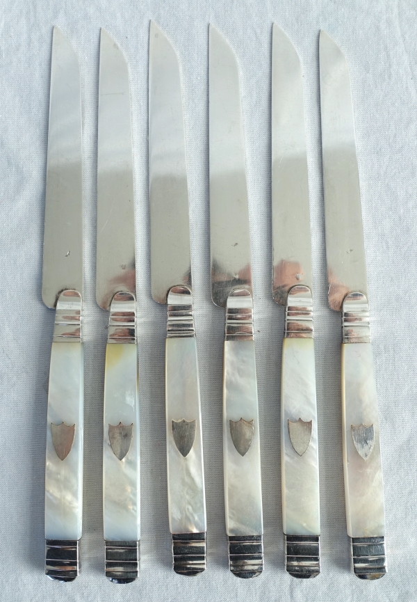 6 Empire fruit knives, mother of pearl handle, sterling silver blade