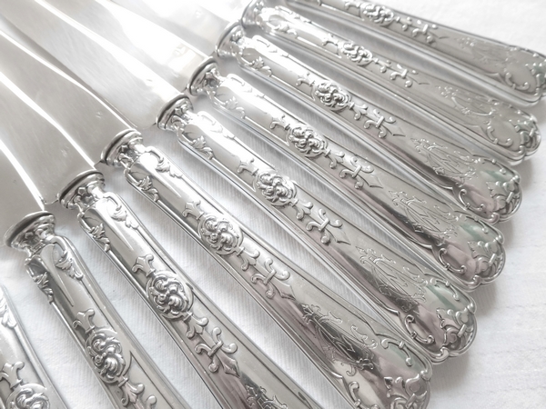 6 sterling silver fruit knives, Renaissance style, Fer de Lance pattern, silversmith Puiforcat
