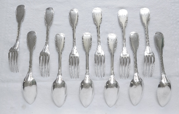 12 sterling silver table forks and spoons, early 19th century