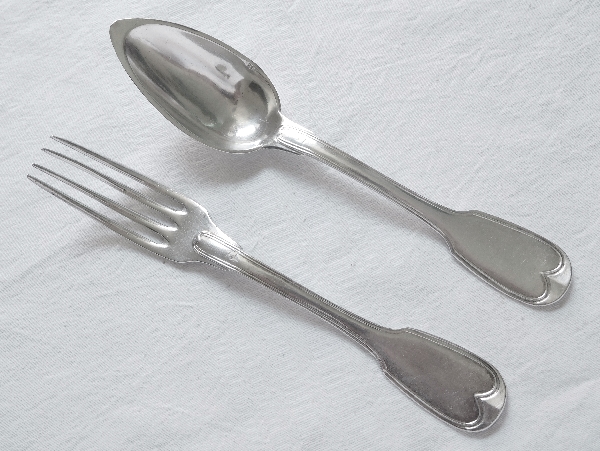 12 sterling silver table forks and spoons, early 19th century