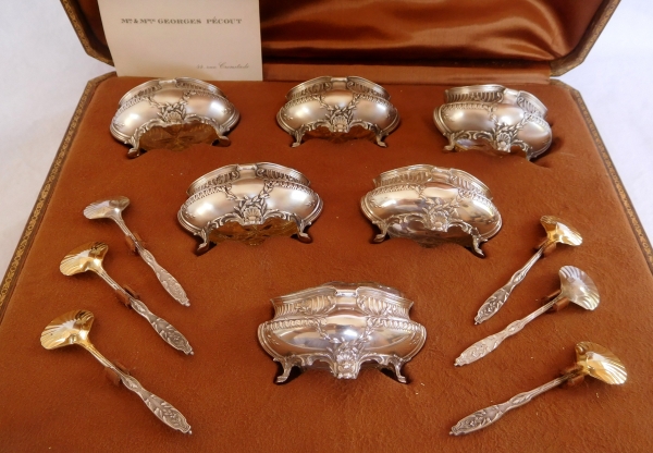 Ravinet & Denfert : 6 Louis XVI style sterling silver and vermeil salt cellars, Majorelle Freres & Cie