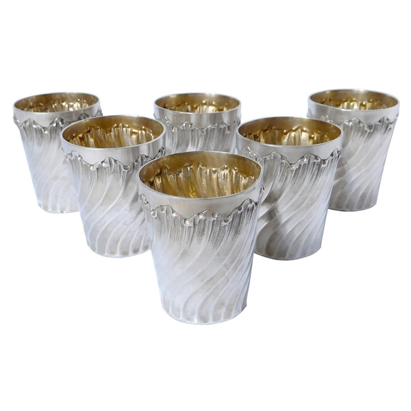 6 sterling silver and vermeil liquor glasses, Louis XV rococo style, silversmith Armand Gross