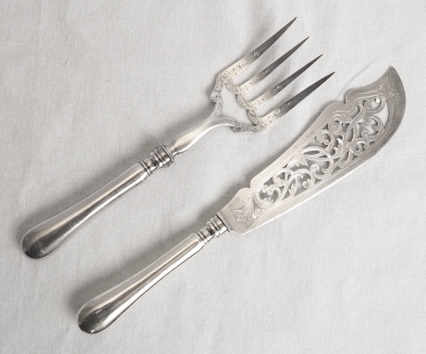 Louis XVI style sterling silver fish serving set, crown of count - silversmith Henin Freres