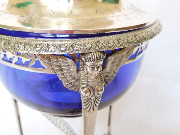 Antique French sterling silver sugar pot / candy bowl / drageoir, Empire Return from Egypt