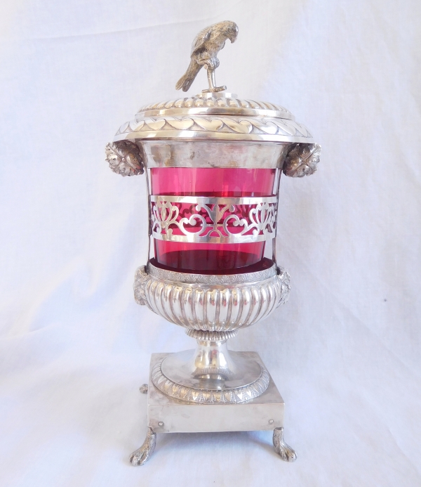 Empire sterling silver and Baccarat crystal candy bowl, parrot shaped handle, early 19th century