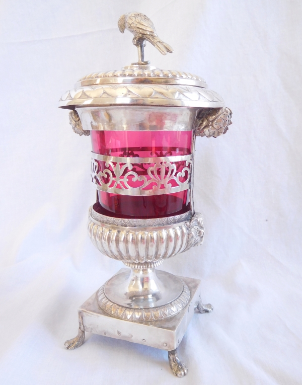 Empire sterling silver and Baccarat crystal candy bowl, parrot shaped handle, early 19th century
