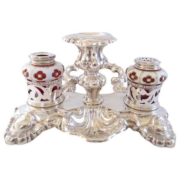 Silver and Baccarat overlay inkwell, 19th century - Napoleon III production