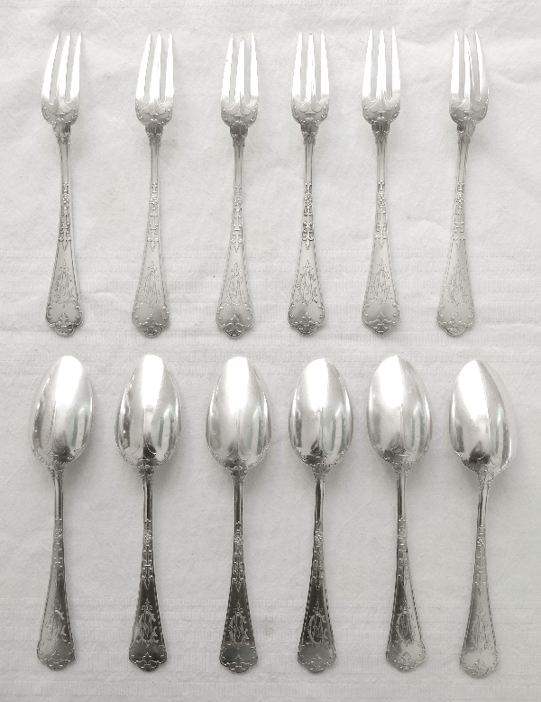 Sterling silver flatware dessert set for 6, Gothic style, Fer de Lance pattern, silversmith Puiforcat