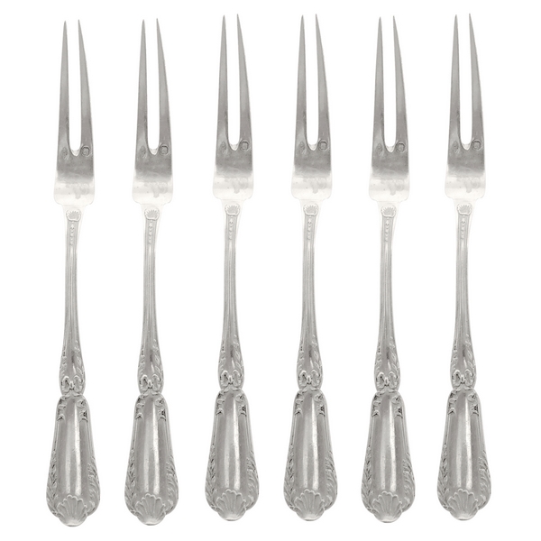 Puiforcat : série de 6 fourchettes à escargots de style Transition, modèle Pompadour en argent massif, poinçon Minerve
