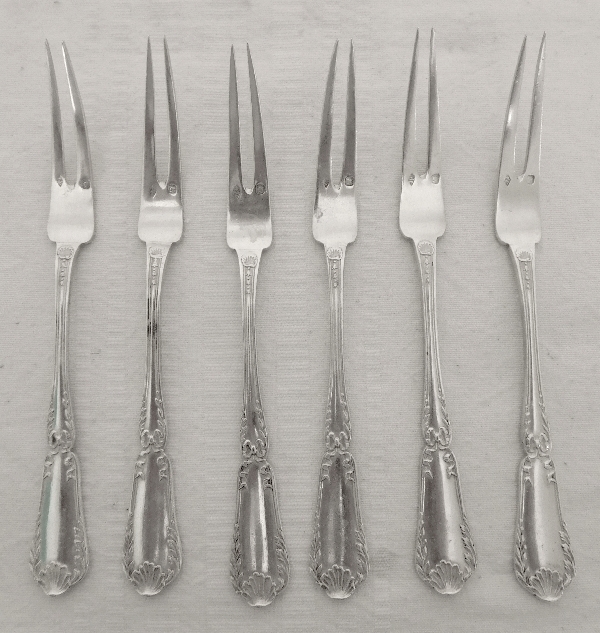Puiforcat : série de 6 fourchettes à escargots de style Transition, modèle Pompadour en argent massif, poinçon Minerve