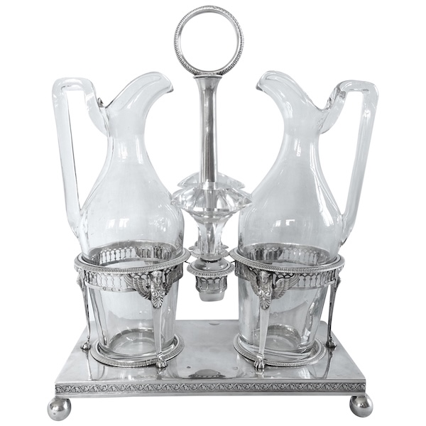 Empire sterling silver oil and vinegar set, French hallmark Rooster, early 19th century