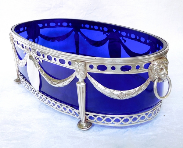 Sterling silver and cobalt blue crystal Louis XVI table centerpiece / jardiniere - 18th century