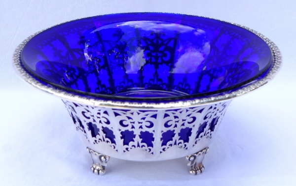 Empire style sterling silver and cobalt blue crystal crackers / candy bowl