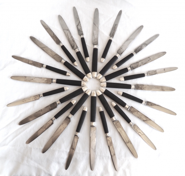 Ménagère de couteaux de style Louis XVI en ébène, viroles et culots en argent massif - 24 pièces