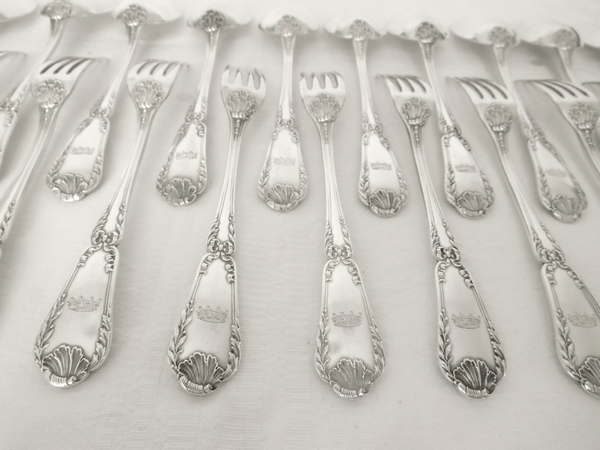Puiforcat : Antique French sterling silver flatware for 12, Baron crown