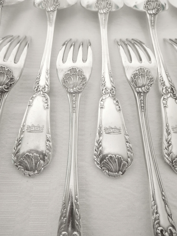 Puiforcat : Antique French sterling silver flatware for 12, Baron crown