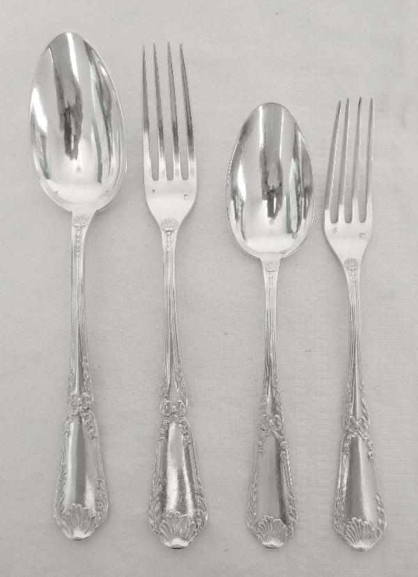 Puiforcat : Antique French sterling silver flatware for 12, Transition Louis XV-Louis XVI style