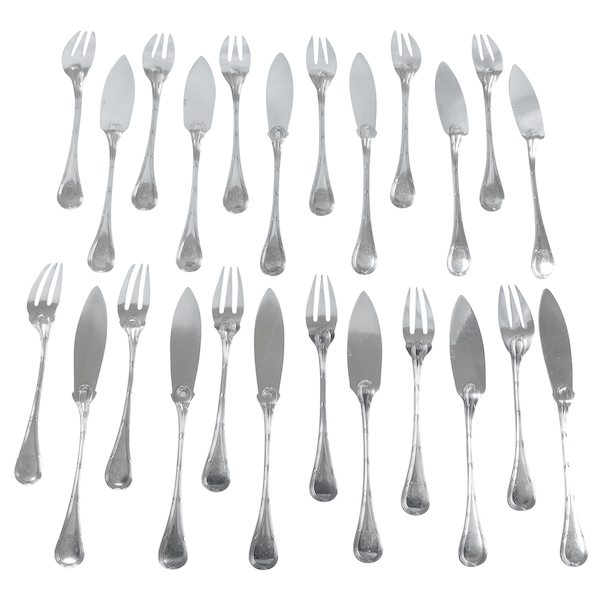 Puiforcat : sterling silver Louis XVI style fish flatware for 12 - 24 pieces - coat of arms