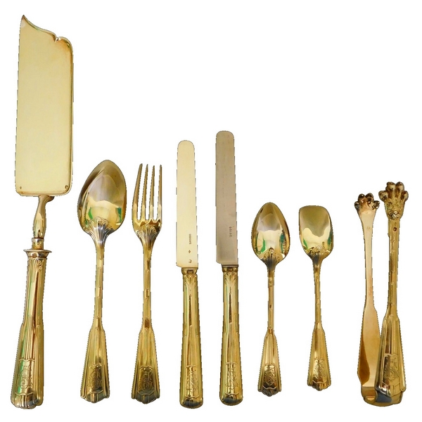 Odiot : antique French sterling silver / vermeil flatware, 110pcs, set for 18 guests