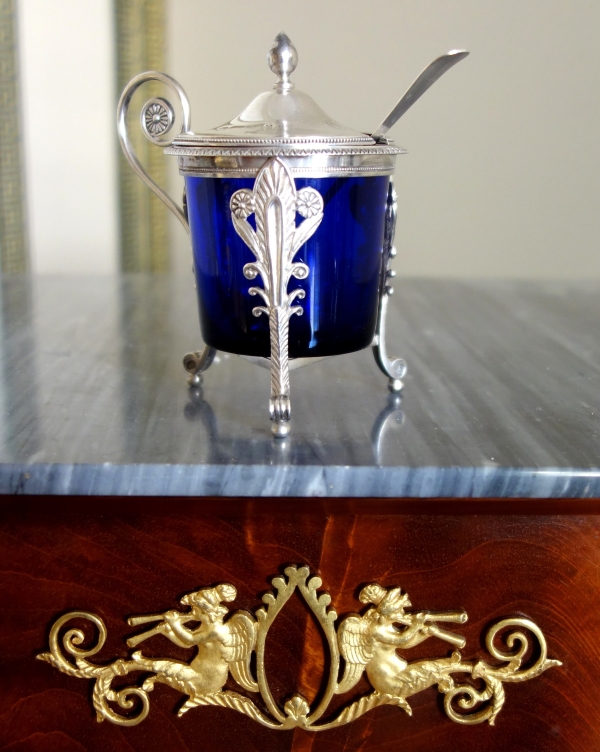 Sterling silver mustard pot and its cobalt blue crystal glass - early 19th century