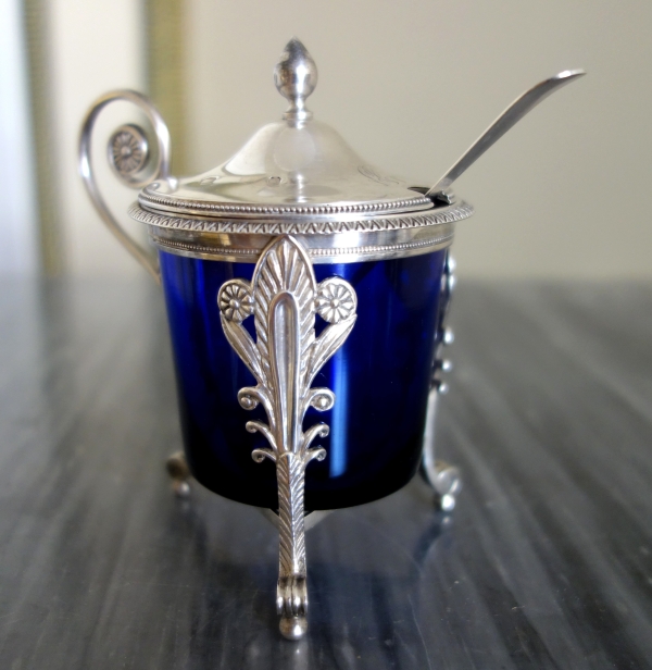 Sterling silver mustard pot and its cobalt blue crystal glass - early 19th century