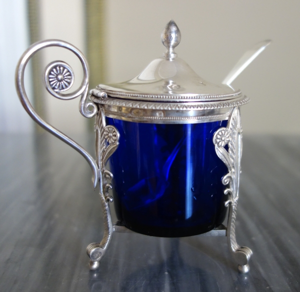 Sterling silver mustard pot and its cobalt blue crystal glass - early 19th century